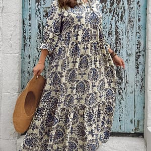 Plus Size Ethnic Print Loose Longline Dress, Boho 3/4 Sleeve Tie Neck Dress For Spring & Fall, Women’s Plus Size Clothing Clothing Shop Online at Dubai Trades