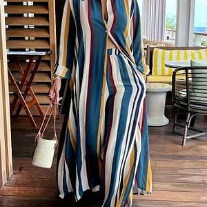 Plus Size Fashionable Outfits Set, Women’s Plus Striped Long Sleeve Button Up Shirt & Wide Leg Pants Outfits 2 Piece Set Clothing Shop Online at Dubai Trades
