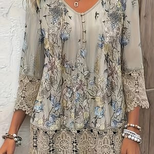 Plus Size Floral Print Lace Stitching T-shirt, Elegant Button Front 3/4 Sleeve V Neck Top For Spring & Fall, Women’s Plus Size Clothing Clothing Shop Online at Dubai Trades