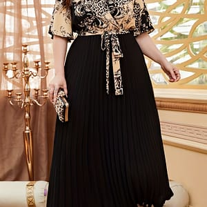 Plus Size Floral Print Pleated Dress, Elegant Belted Short Sleeve Surplice Neck Dress, Women’s Plus Size Clothing Clothing Shop Online at Dubai Trades