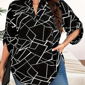 Plus Size Geometric Print Blouse, Casual V Neck Roll Tab Sleeve Blouse For Spring, Women’s Plus Size clothing Clothing Shop Online at Dubai Trades