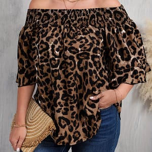 Plus Size Leopard Print Blouse, Elegant Off Shoulder Ruffle Sleeve Blouse For Spring, Women’s Plus Size clothing Clothing Shop Online at Dubai Trades