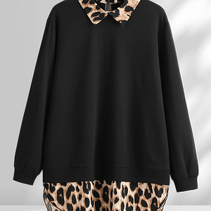 Plus Size Leopard Stitching Sweatshirt, Casual Long Sleeve Lapel Pullover Sweatshirt, Women’s Plus Size clothing Clothing Shop Online at Dubai Trades