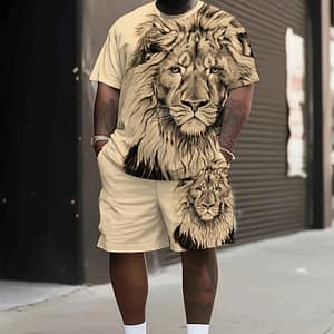 Plus Size Men’s Cool Lion Print T-shirt & Shorts Set For Summer, Casual Trendy 2pcs Clothing, Shoes & Jewelry Shop Online at Dubai Trades
