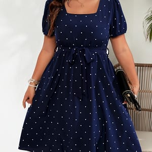 Plus Size Polka Dot Print Dress, Casual Square Neck Short Sleeve Belted Dress, Women’s Plus Size Clothing Clothing Shop Online at Dubai Trades