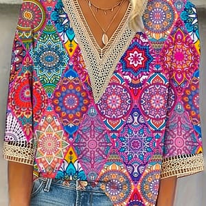 Plus Size Print V Neck Blouse, Casual Half Sleeve Blouse For , Women’s Plus Size Clothing Clothing Shop Online at Dubai Trades