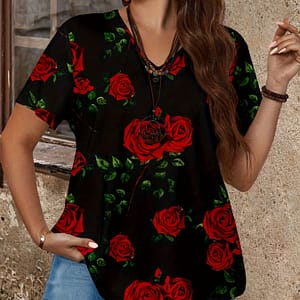 Plus Size Rose Print V Neck T-shirt, Casual Short Sleeve Top For Spring & Summer, Women’s Plus Size Clothing Clothing Shop Online at Dubai Trades