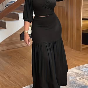 Plus Size Sexy Outfits Set, Women’s Plus Solid Lantern Sleeve Surplice Neck Crop Top & Maxi Skirt Outfits 2 Piece Set Clothing Shop Online at Dubai Trades