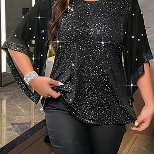 Plus Size Shiny Solid Beaded Top, Casual Crew Neck Irregular Sleeve Top For , Women’s Plus Size Clothing Clothing Shop Online at Dubai Trades