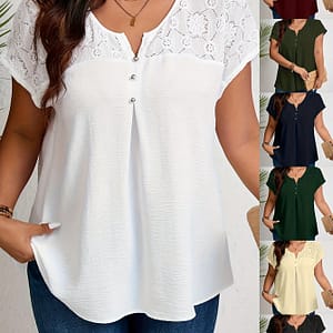 Plus Size Solid Lace Stitching Top, Elegant Button Decor Short Sleeve Notched Neck Top For , Women’s Plus Size Clothing Clothing Shop Online at Dubai Trades