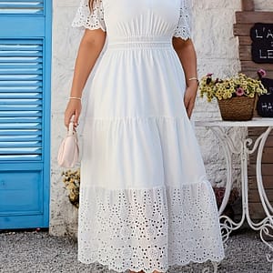 Plus Size Solid Notch Neck Dress, Elegant Hollow Out Short Sleeve Maxi Dress For , Women’s Plus Size Clothing Clothing Shop Online at Dubai Trades