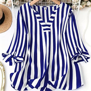 Plus Size Striped Print Blouse, Elegant Notched Neck Tie Cuff Top For Spring, Women’s Plus Size Clothing Clothing Shop Online at Dubai Trades