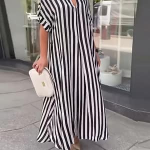 Plus Size Striped Split Longline Dress, Elegant Short Sleeve Notched Neck Dress For , Women’s Plus Size Clothing Clothing Shop Online at Dubai Trades