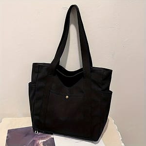 Preppy Style Large Capacity Tote Bag, Solid Color, Zipper Closure, Unlined, Shoulder Bag For Work, Commuting, College, And Book Carrying – Beige/black Clothing, Shoes & Jewelry Shop Online at Dubai Trades
