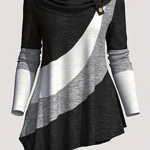 Print Button Decor T-shirt, Casual Color Long Sleeve Asymmetrical T-shirt For Spring & Fall, Women’s Clothing Clothing Shop Online at Dubai Trades