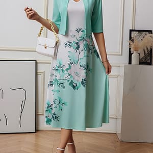 Print Dress Set Elegant Spring & Floral Print Dress For Women – Lightweight V-neck With Half Sleeves, Polyester Blend, Machine Washable Clothing Shop Online at Dubai Trades