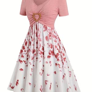 Print Heart Ring A-line Dress V-neck Short Sleeve Dress, Clothing Shop Online at Dubai Trades