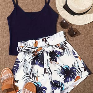 Print Knit Two-piece Set – V-neck Crop Top & High-waist Belted Shorts, Polyester , Machine Washable – Summer Clothing Shop Online at Dubai Trades