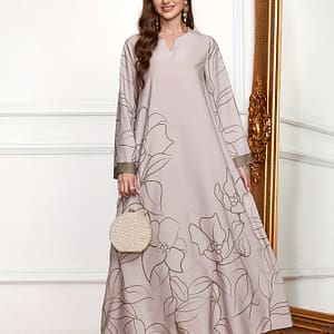 Print Long Dress For Women – V-neck, Long Sleeve, Machine Washable – Abayas Shop Online at Dubai Trades