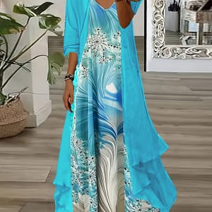 Print Midi Dress Set For Women – V-neck, Long Sleeve With Matching Cardigan, Outfit, Machine Washable Clothing Shop Online at Dubai Trades