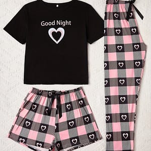 Print Slogan Pattern Black Short Sleeve Top + Plaid Love Shorts + Plaid And Love Long Pants With Bow Decoration Waistband 3pcs Pajama Casual Set Clothing Shop Online at Dubai Trades