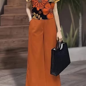 Print Two-piece Set For Women – Crew Neck Top & Wide-leg Pants, Machine Washable, Spring/summer Collection Clothing Shop Online at Dubai Trades