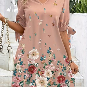 Print V-neck Dress For Women – Chic Short Sleeve With Tie Detail, Lightweight Polyester, Spring/fall Fashion Clothing Shop Online at Dubai Trades