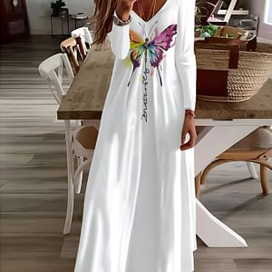 Print V-neck Dress, Long Sleeve A-line Maxi Dress For Spring & Fall, Women’s Clothing Clothing Shop Online at Dubai Trades