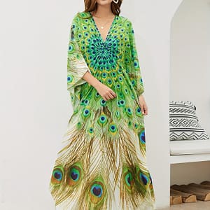 Print Women’s Maxi Beach Kaftan Dress – , Handmade V-neck Cover-up With Flowing Skirt, Swimwear And Bathing Suits Clothing Shop Online at Dubai Trades