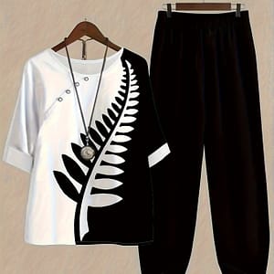 Print Women’s Outfit – Casual Short Sleeve Tee & Loose-fit Pants Set, Machine Washable, Spring/summer Collection Clothing Shop Online at Dubai Trades