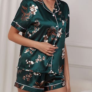 Printed Contrasting Satin Pajama Set, Short Sleeved Top And Shorts. And Leisure Clothing Shop Online at Dubai Trades