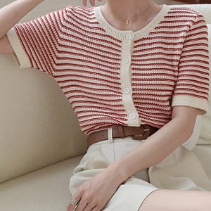 Red Striped Knit Short Sleeve T-shirt Women’s Autumn Vintage Mini Dress Open Front Round Neck Clothing Shop Online at Dubai Trades