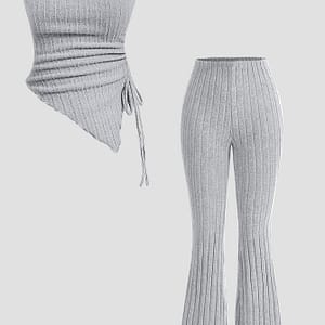 Ribbed Solid Color Casual Pantsuits, Strapless Backless Drawstring Asymmetrical Tube Top & Flare Leg Pants Outfits, Women’s Clothing Clothing Shop Online at Dubai Trades