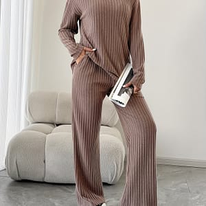 Ribbed Solid Color Knitted Pantsuits, Casual Drop Shoulder Long Sleeve V Neck Top & Straight Leg Pants Outfits, Women’s Clothing Clothing Shop Online at Dubai Trades