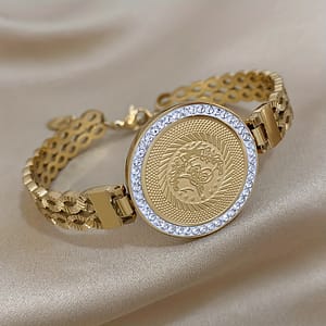 Selling New Hollowed Out Round Brand 18k Golden-plated Stainless Steel Bracelet Embedded With Rhinestones Bracelets Shop Online at Dubai Trades