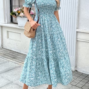 Sense Small Crowd Floral Backless Printed Sleeve Pleated Big Skirt Short Sleeve Dress For Women Clothing Shop Online at Dubai Trades