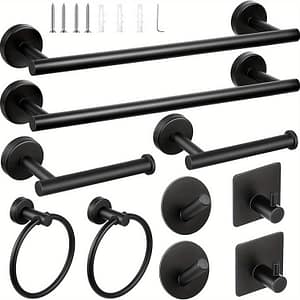 Set Of 10pcs Stainless Steel Towel Bars For Bathroom, Including Towel Rack, Towel Ring, Toilet Paper Holder, And Hooks, In American Style Black And Silvery Colors. Bathroom Fixture Hardware Parts Shop Online at Dubai Trades