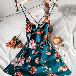 Sexy Floral Print Satin Slip Nightdress, Turtleneck Strappy Backless Sleep Dress, Women’s Sleepwear & Dresses Clothing Shop Online at Dubai Trades