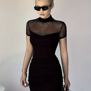 Sexy Sheer Mesh Panel Pencil Dress With Semi-high Neckline, Summer Collection – Polyester And Elastane, Machine Washable Clothing Shop Online at Dubai Trades