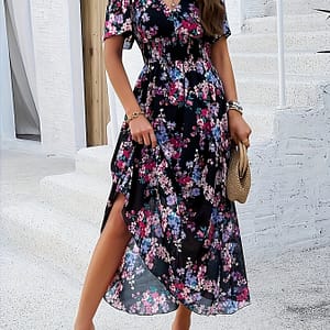 Shirred Waist Floral Print A-line Dress, Elegant V Neck Short Sleeve Dress For , Women’s Clothing Clothing Shop Online at Dubai Trades