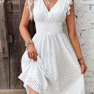Shirred Waist Hollow A-line Dress, Vacation V Neck Ruffle Sleeve Dress For , Women’s Clothing Wedding Graduation Engagement Occasion Party Holiday Vacation Birthday Clothing Shop Online at Dubai Trades
