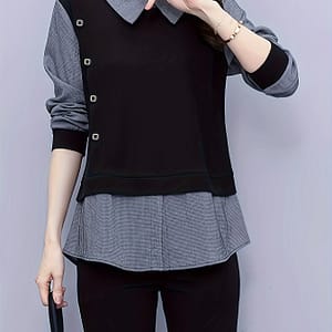 Shirt Fake Two-piece Set Women’s Long-sleeved Spring And Autumn New Shirt Korean Style Loose Color-matching Belly Covering Top Blouses Shop Online at Dubai Trades