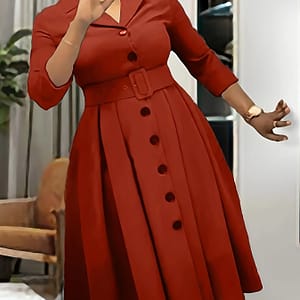 Single Breasted Three-quarter Sleeve Dress, Stylish Solid Lapel Collar Belted A-line Dress For Spring & Fall, Women’s Clothing Clothing Shop Online at Dubai Trades