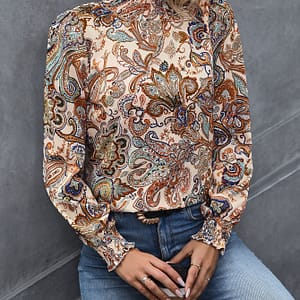 Sley Print High Neck Blouse, Boho Long Sleeve Shirred Blouse, Women’s Clothing Blouses Shop Online at Dubai Trades