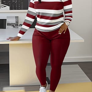 Slim Matching Two-piece Set, Casual Long Sleeve Crew Neck Striped Color Block T-shirt & Solid Elastic Waist Pants Outfits, Women’s Clothing Clothing Shop Online at Dubai Trades