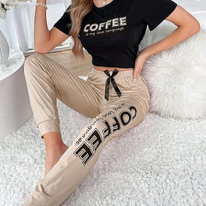 Slogan Print Pajama Set, Casual Short Sleeve Round Neck Top & Bow Joggers, Women’s Sleepwear Clothing Shop Online at Dubai Trades