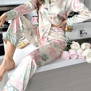 Soft Pajama Set For Women, Breathable Satin Sleepwear With Elegant Floral Print, Long Sleeve Buttons Lapel Top & Pants, Versatile Indoor And Outdoor Suit Clothing Shop Online at Dubai Trades