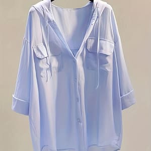 Solid Button Front Hooded Blouse, Casual Three-quarter Sleeve Pocket Drawstring Blouse, Women’s Clothing Blouses Shop Online at Dubai Trades