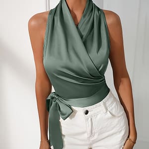 Solid Color Belted Halter Top, Elegant Sleeveless Ruched Top For , Women’s Clothing Clothing Shop Online at Dubai Trades