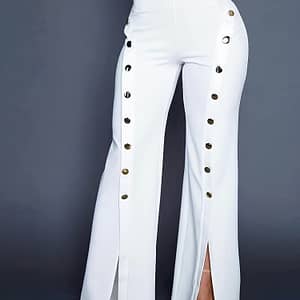 Solid Color Button Decor Flare Leg Pants, Elegant High Waist Slim Split Pants For Spring & Fall, Women’s Clothing Clothing Shop Online at Dubai Trades